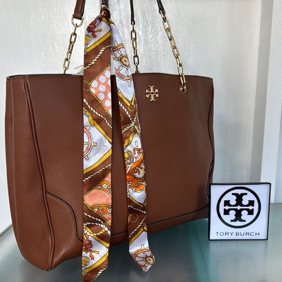 Tory Burch Handbags - Tory Burch Bag Large Brown Leather Tote with Chain-Link Handles